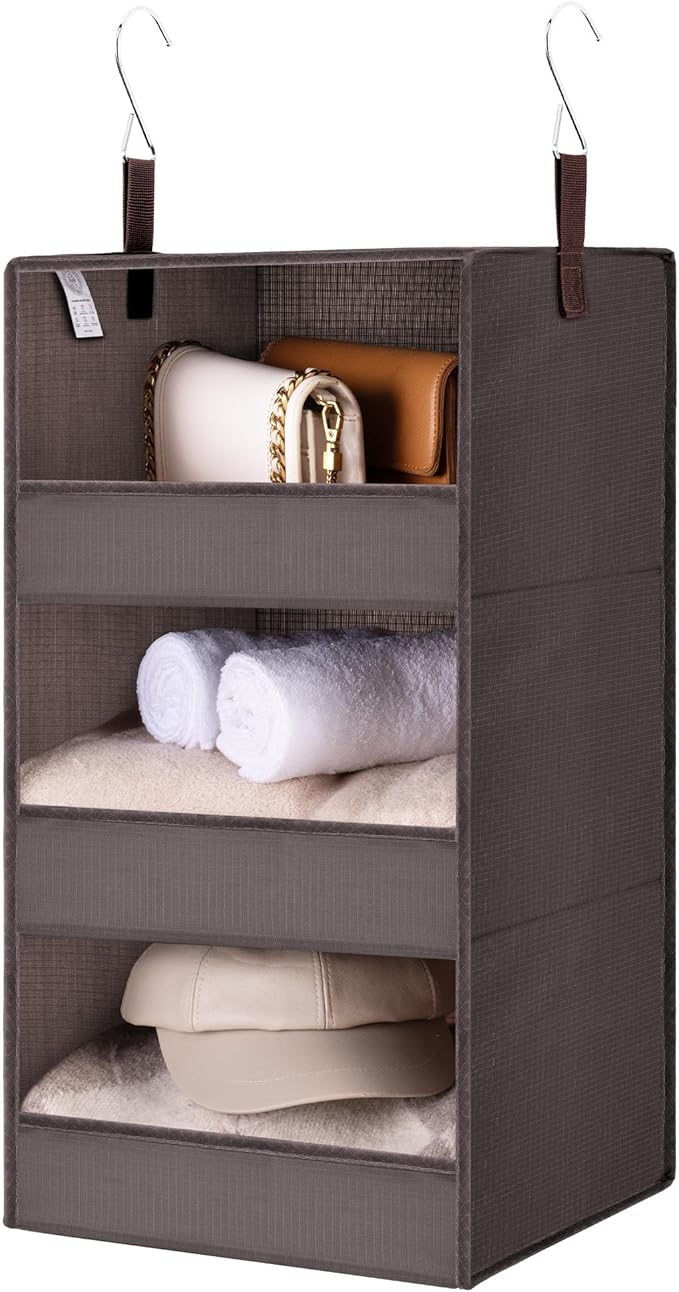 GRANNY SAYS 3-Shelf Closet Organizers and Storage, Foldable Hanging Closet Organizer, Hanging Closet Shelves with 2 Metal Hooks, Leak-Proof Hanging Shelves for Closet, Bedroom, RV, Camper, Dark Brown