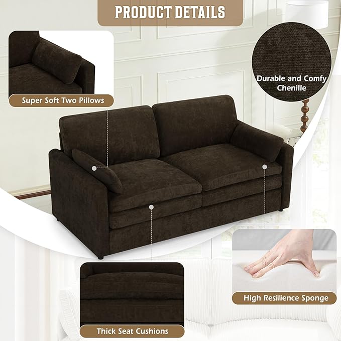 69" Chenille Modern Couch with Cozy & Soft Backrests, 2 Seats Sofa with 2 Extra Pillows, Comfy Upholstered Sofa with Thicker Cushions for Living Room, Office, Brown