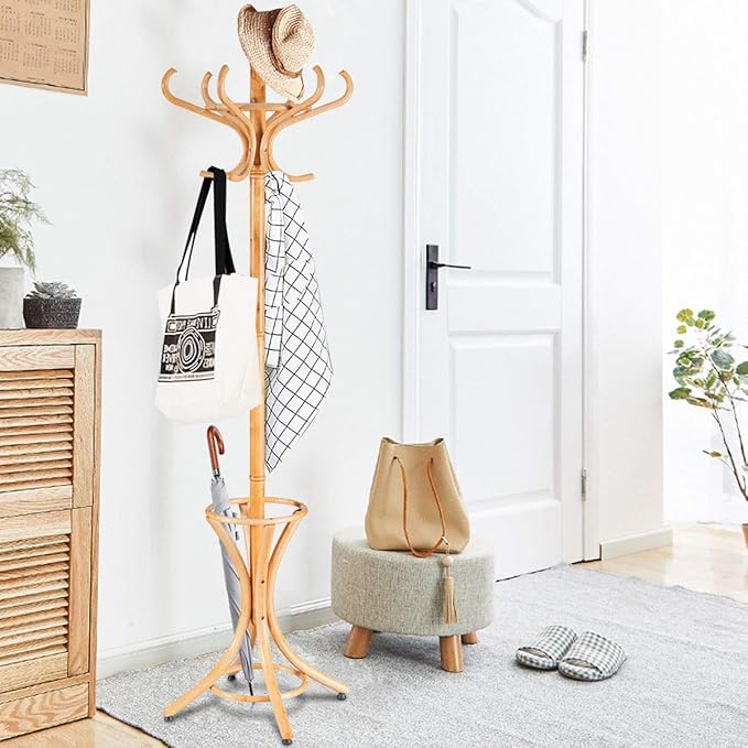 Tangkula 75.5" Standing Coat Rack, Wood Coat Tree with 12 Hooks, Home Hat Jacket Hanger Tree 12 with Umbrella Holder Coat Stand (Oak)