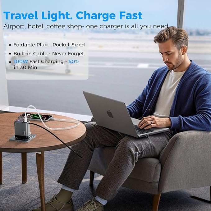 100W GaN USB C Retractable Charger with Smart Display Compact 3-Port Fast Charging Wall Adapter with Foldable Plug for MacBook Pro/Air iPhone 17/16 Galaxy S26 iPad