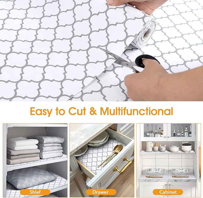 Shelf and Drawer Liner for Kitchen Cabinets Non-Adhesive, Strong Grip Non-Slip Thickened Cabinet Liners for Shelves, Waterproof Mats for Dresser Cupboard, White/Gray, 17 in x 30 Feet