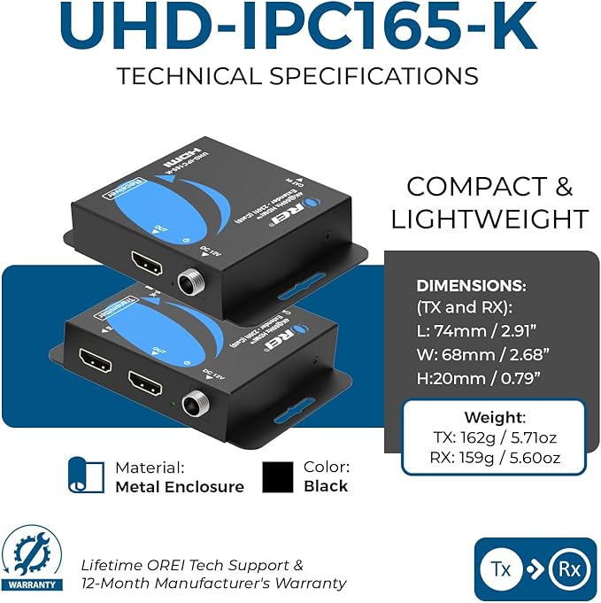 OREI 4K HDMI Extender Balun UltraHD 4K @ 60Hz 4:4:4 Over Single CAT6/7 Cable with HDR & IR Control-Ethernet Up to 165 ft- Power Over Cable (UHD-IPC165-K)