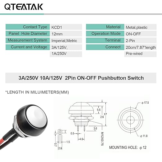 QTEATAK 1/2"(12mm) Pre-Wired Mounting Hole On/Off White Mini Round Waterproof Momentary Push Button Switch JF-33B -2Pack