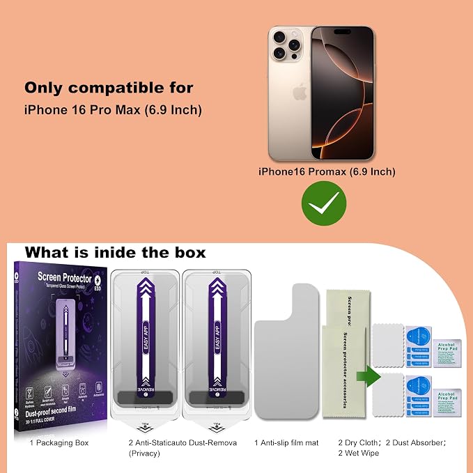 2 Pack Privacy Screen Protector for iPhone 16 Pro Max 25° Anti-Spy Tempered Glass 9H Hardness Anti-Fingerprint Auto-Alignment Bubble-Free Case Friendly