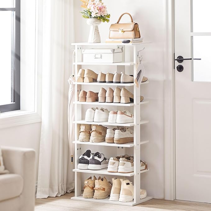 HOOBRO Vertical Shoe Rack, 8 Tier Wooden Shoe Storage Organizer with Hooks, Narrow Shoe Tower for 16 Pairs, Space Saving, for Entryway, Living Room, Bedroom, White WT750XJ01