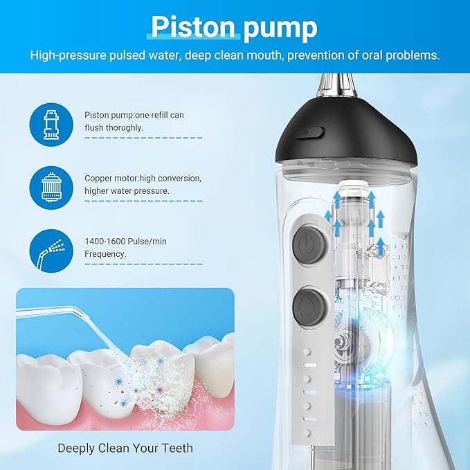 R REVA Portable Water Flosser for Teeth - 4 Modes Cordless Oral Irrigator with 300ML Tank, 360° Rotating Nozzle, 4 Jet Tips, Rechargeable, IPX7 Waterproof, Low Noise Gravity Ball Design (M159 - Black)