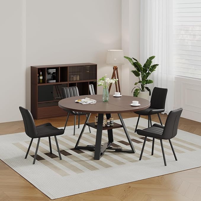 45.3" Walnut Round Dining Table Set with 4 Chairs – Mid-Century Modern Small-Space Kitchen & Dining Room Furniture for Apartment or Breakfast Nook (Walnut – Storage Table + 4 Black Chairs)