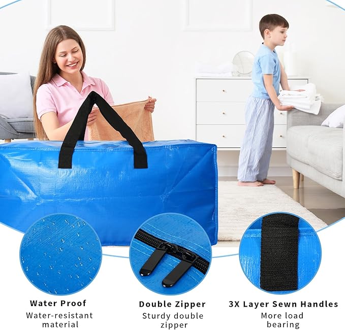 10 Pack Heavy Duty Extra Large Moving Bags Storage Tote - Strong Handles& Backpack Straps - Space Saving Storage Bags Alternative to Moving Boxes and Bins,Compatible with Ikea Frakta Cart, Blue