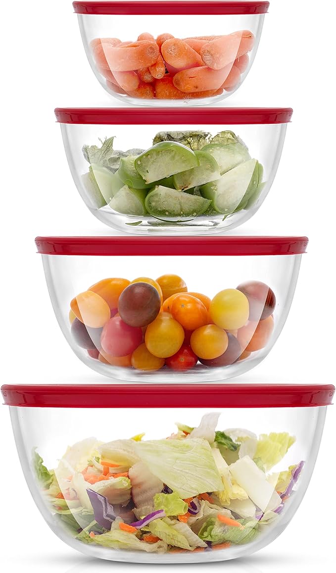 JoyJolt Kitchen Mixing Bowls - 8pc Glass with Lids Set – Neat Nesting Large Bowl Batter Cooking Storage and Big Salad BPA-Free Red