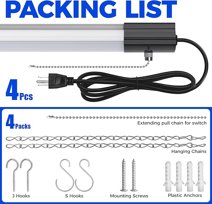 Barrina BS84 LED Shop Lights for Workshop 4FT, 84W, 10000LM, 5000K Linkable Light Fixture for Garage, Basement, Hanging or Flush Mount, ETL, 4 Packs