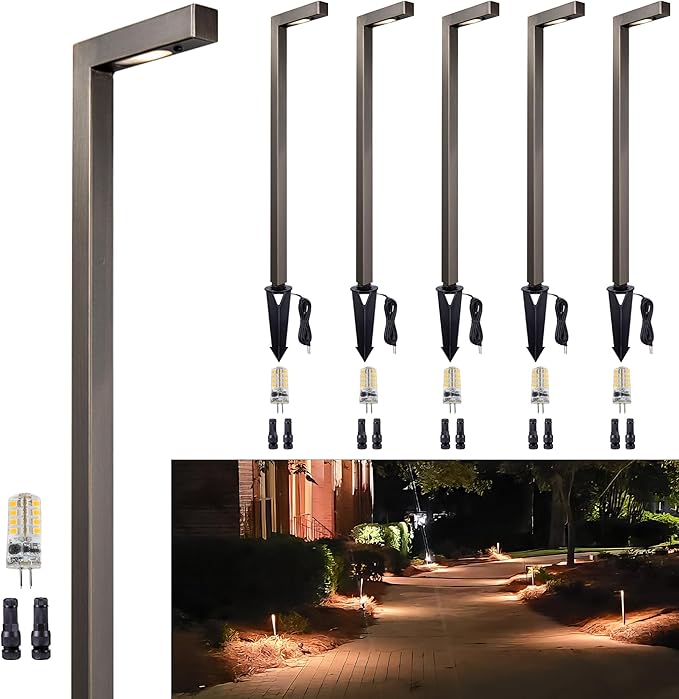 Solid Cast Brass Pathway Lights, 12v Landscape Path Light Outdoor Waterproof, Electric Walkway Lights Wired, L-Shape Antique Bronze Garden Lawn with 3W 3000K Soft White G4 Bulb (6 Pack)