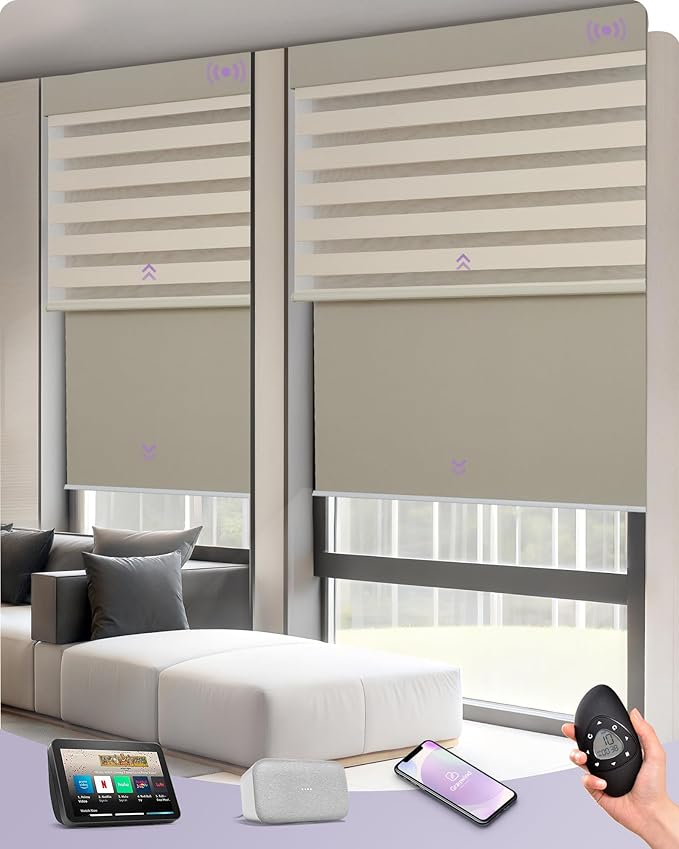 Graywind Smart Dual Shades Compatible with Alexa Google Homepod Motorized Double Zebra Blinds Matter Solar Powered, Custom Size (Beige)