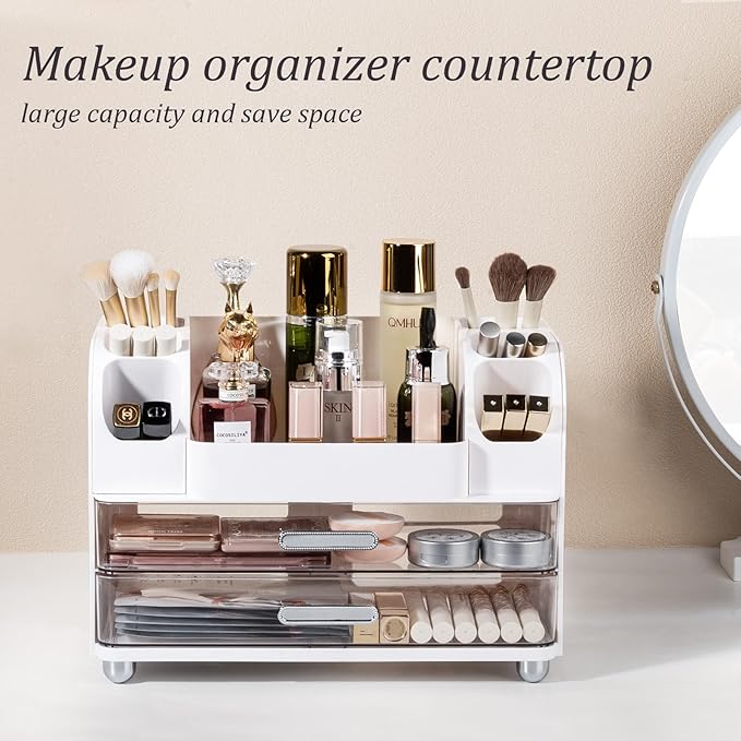 Anyoifax Makeup Organizer Countertop with Large Drawers, Vanity Organizer with Brush Holder, Skin Care Storage for Dresser, Perfume Organizer for Lotion, Lipsitck, Palette, White