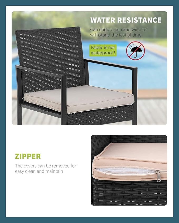 FDW 3 Pieces Outdoor Patio Furniture Wicker Bistro Rattan Chair Conversation Sets for Yard Lawn Balcony Poolside Backyard,Black