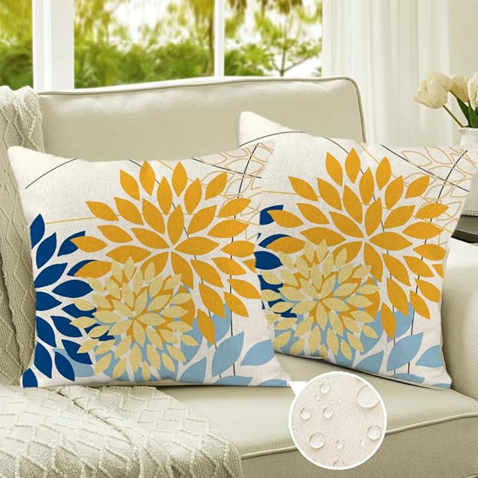 RABUSOFA Outdoor Pillow Covers 20x20 Inch Set of 2 Yellow Blue Flower Decorative Waterproof Spring Summer Floral Outdoor Cushion Covers for Patio Funiture Garden Couch Decor
