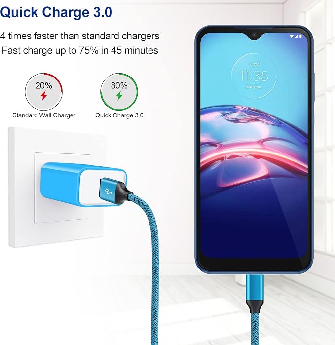 Android Phone Fast ChargerQuick3.0 USB Fast Wall Charger Plug Micro USB Cable 6FT Compatible for Samsung Galaxy J3 J5 J7 J8 S7 S6 A10 A02 A6 A01 LG Stylo 2 3 Plus Moto G/X/E E4 E5 E6s E7 G5 Plus