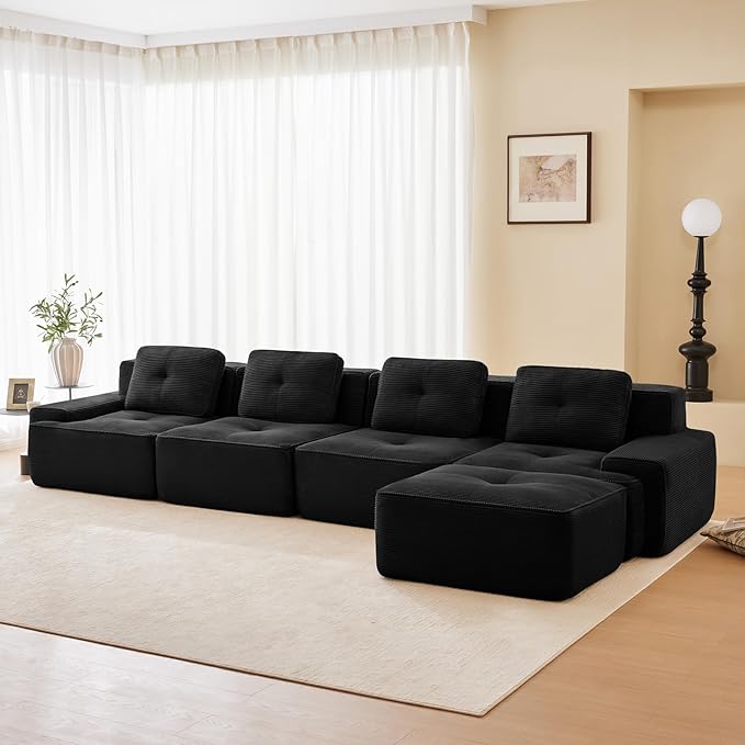 150" Modern Corduroy Cloud Sofa with Ottoman, L Shaped Boneless Modular Large Sectional Couches for Living Room, Black 4 Seater Compressed Memory Foam Couch, Extra Deep Seat, No Assembly
