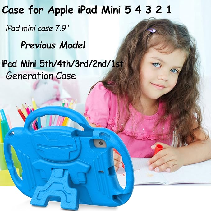LTROP Kids Case for iPad Mini 5/4/3/2/1 7.9 Inch Case with Shoulder Strap Shockproof Handle Kickstand for iPad Mini 5th/4th/3rd/2nd/1st Generation for Kids Toddler Boys Girls Blue