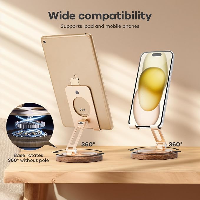 Dual Folding Phone Desk Stand Wood Black | Adjustable Foldable Beside Phone Holder