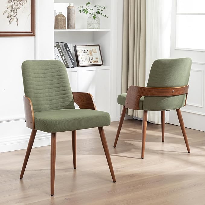 Dining Room Chairs Set of 4,Mid Century Modern Kitchen Chairs,Green Corduroy Fabric Upholstered Accent Chairs,Metal Legs Wooden Desk Chairs,Armless and No Wheels for Kitchen Dining Room