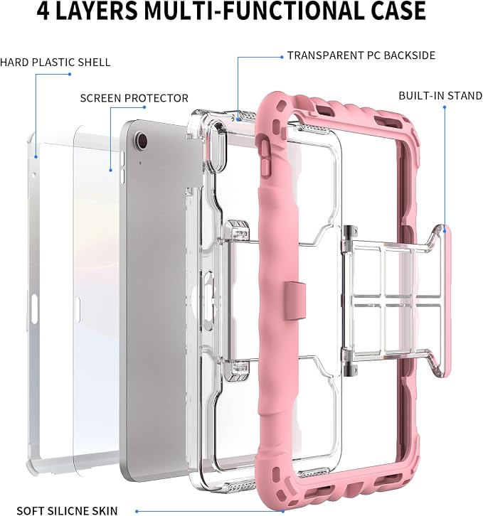 iPad (A16) 11th Generation 2025 11-inch/10th Generation 2022 10.9-inch Protective Case Silicone Shockproof Case with Screen Protector Pencil Storage Slot Shoulder Strap Handle Stand (A-Blue)