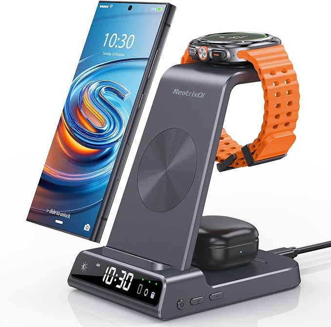 Wireless Charger for Samsung Charging Station, 3 in 1 Android Phone Wireless Charger for Samsung Galaxy S25 Ultra/S24 Ultra/S23/Z Fold7/Flip7/Buds, for Galaxy Watch 8/Ultra/7/6/5/4/3 (Grey)