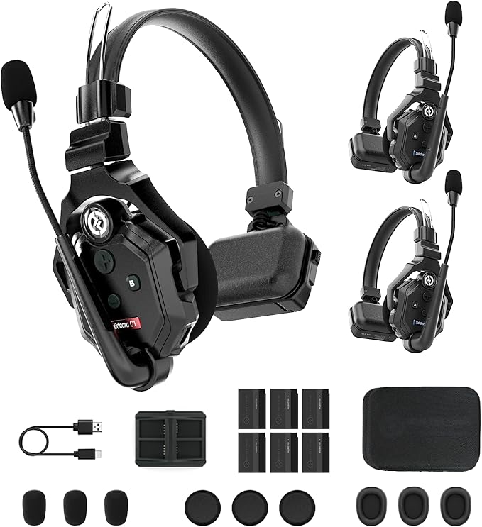 Hollyland Solidcom C1 3-Person 1100ft Full-Duplex Wireless Headset Intercom System for Team Communication Group Talk Single-Ear Headset with 1 Master & 2 Remote Headsets