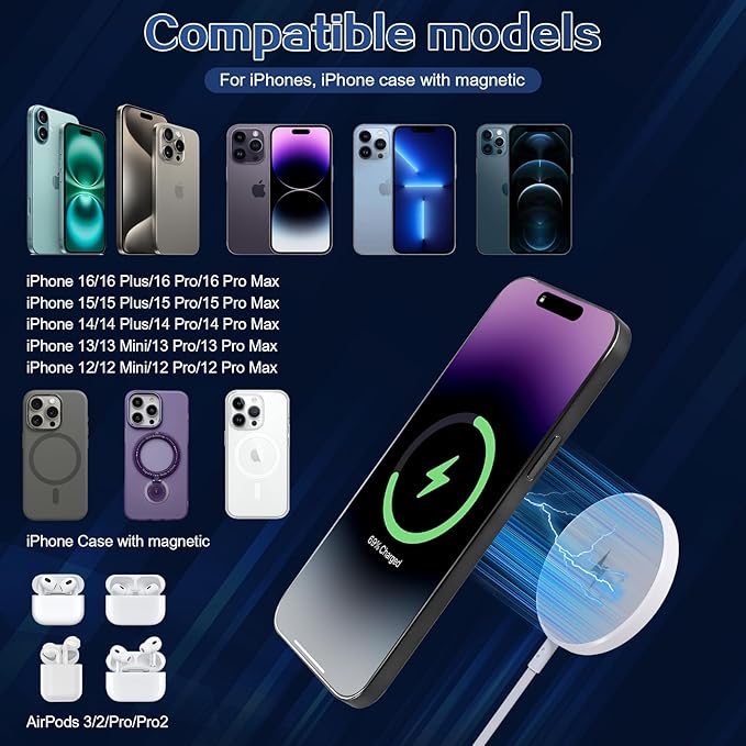 Magnetic Wireless Charger for iPhone 17 162Pack 6FT Wireless iPhone Charging Fast Mag-Safe Charger with Apple USB C Charging Block for iPhone 17 Pro max/17Air/16/15/14/13/12/11/AirPods Pro 3/2-Black