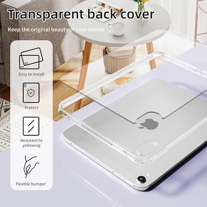 Detachable Case for iPad A16 11th Gen 11/10th Gen 10.9 Black | Slim Transparent Shell Back Soft Shockproof TPU Frame Without Pencil Holder Auto Sleep/Wake