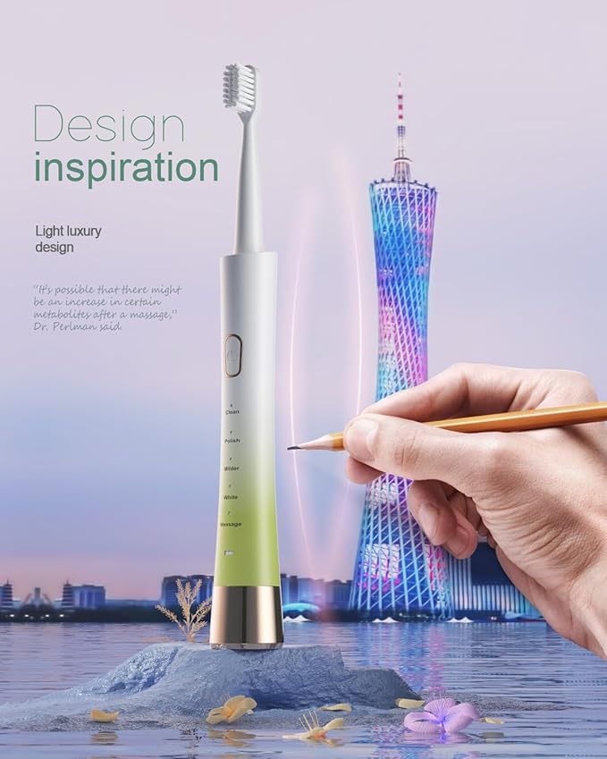 AJELU Upgrade Sonic Electric Toothbrush for Adults, 8 Replacement Brush Heads, Rechargeable Electric Toothbrush with 2-Minutes Timer IPX7 Water-Proof, for Indoor & Outdoor, White & Green Gradient