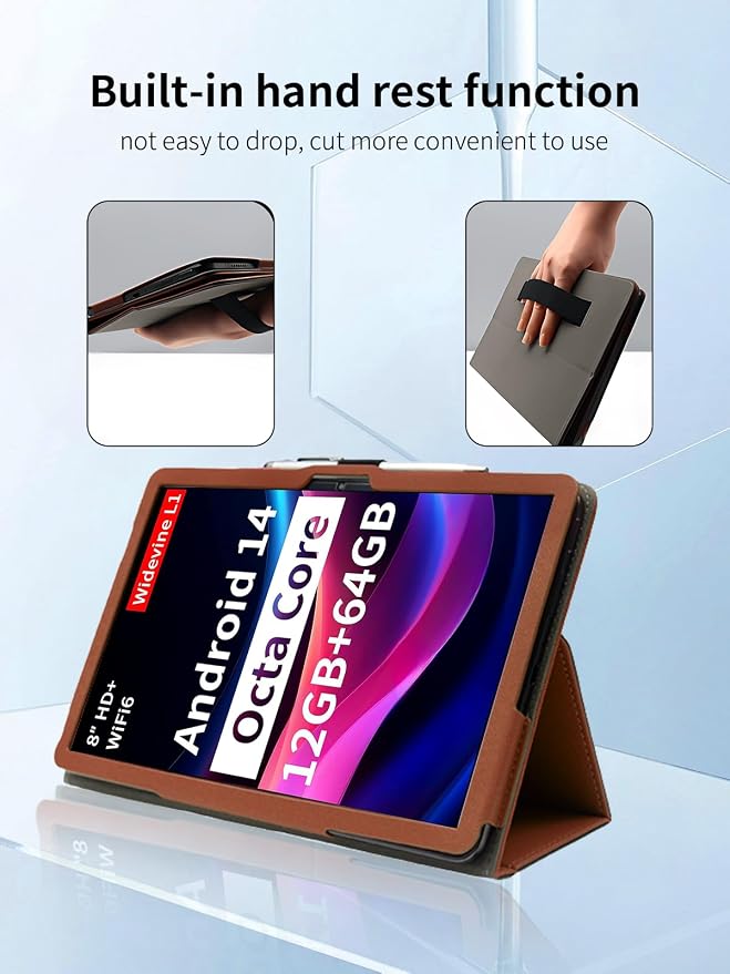 Case for Topsand M8 Android 14 Tablet 8 inch TabletsUYRUREL Leather Slim Folding Stand Cover with Hand Strap Magnet for Men Women Full ProtectionBlack.