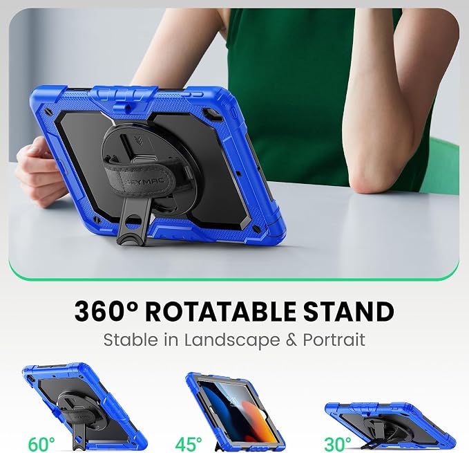 SEYMAC for iPad 9th/8th/7th Generation Case 10.2 2021-2019 Full-Body Shockproof Protective Case with Screen Protector Rotating Stand/Handle/Shoulder Strap for iPad 10.2 Blue/Black