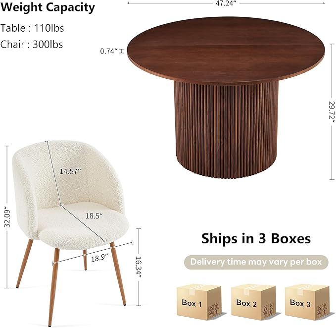 NORDICANA 5-Piece Wooden Round Dining Room Table and Chair Set, 47-Inch Kitchen Table with Barrel Chairs for 4, Off White Upholstered Sherpa Dining Set, MDF Core with Walnut Finish