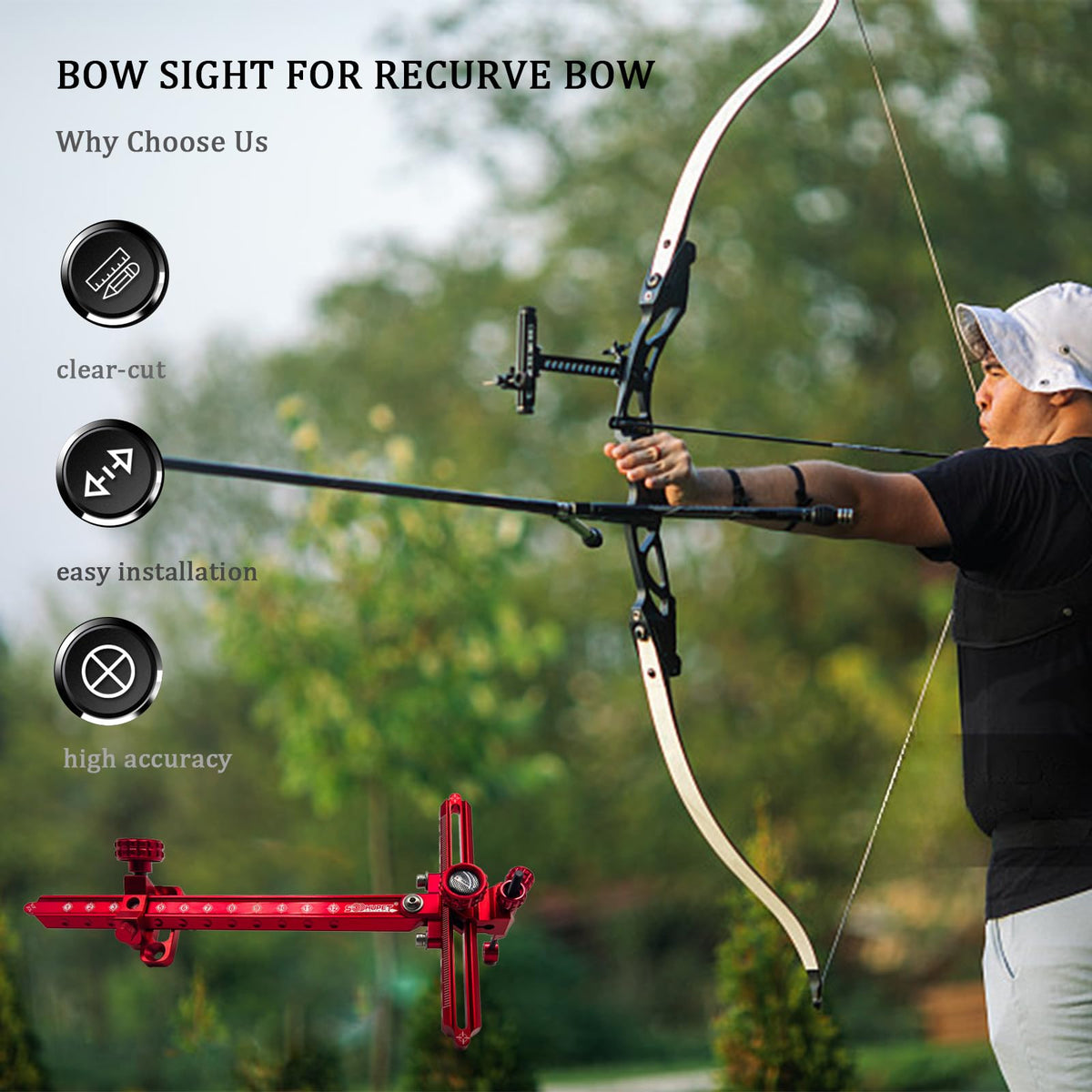 Single Pin Archery Recurve Bow Sight-Aluminum T-Shaped Left Right Handed Adjustable Bow Sight for Metal and Wooden Recurve Bow.