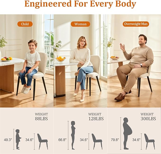 Upholstered Dining Chairs Set of 4, Mid Century Modern Fabric Dining Room Chair High-Back Padded Kitchen Chairs with Padded Seat and Metal Legs for Kitchen Dining Room Restaurant Cafe, Beige