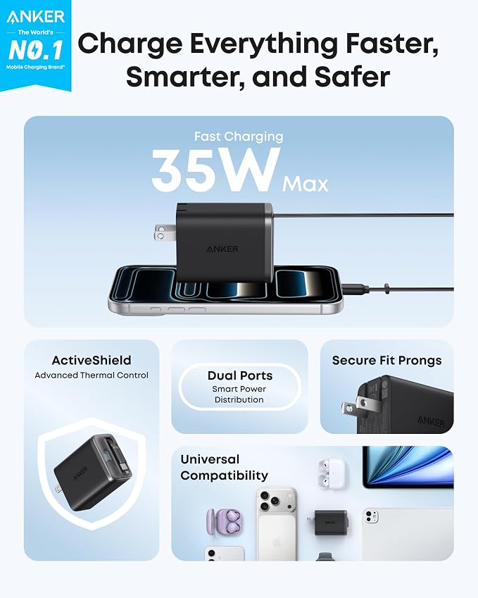 Anker Nano Retractable USB C Charger Block Compact 35W Phone Charger | 2-Port Charger with Durable Built-in Anker InstaCord Retractable Cable for iPhone 17/16/15 iPad(BlackNon-Battery)