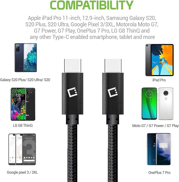 Dual USB-C/PD 60W Fast Charging Cord Compatible with Xiaomi Redmi Note 11T 5G Plus 5Gbps Data Transfer for Power Delivery Hi Capacity Charging (White)