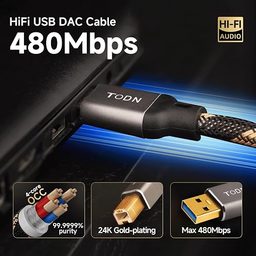 TODN Audiophile USB A to USB B Cable OCC Silver Plated USB Audio Cable HiFi 3.0 USB A to B Cable for DAC Sound Card Digital Piano Mixer Amplifier &amp Printer (9.8FT/3M)