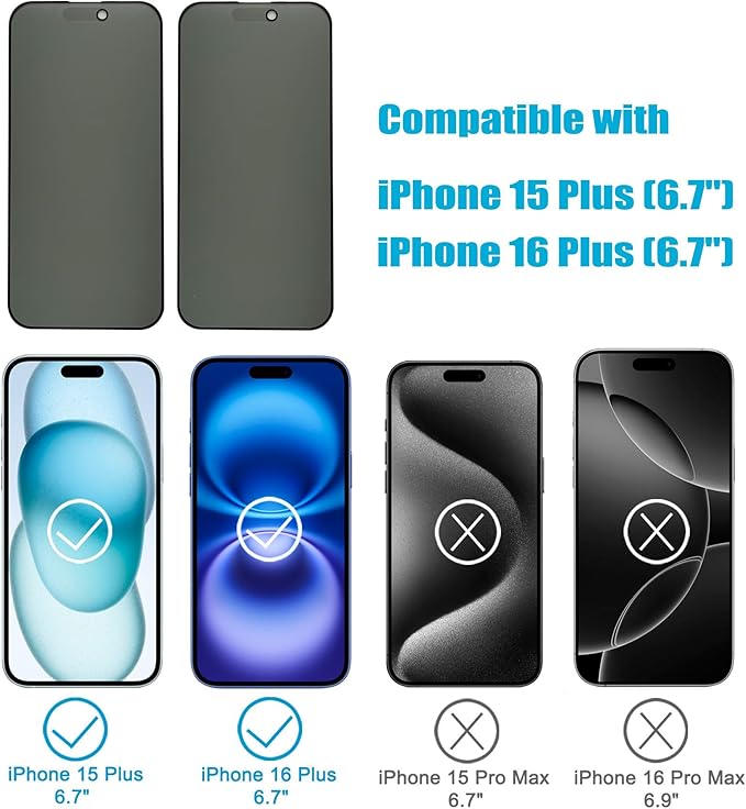 2 Pack Matte Privacy Screen Protector for iPhone 15 Plus/iPhone 16 Plus 6.7 Inches Anti-spy Anti-glare Eye Protection Scratch Resistant Tempered Glass Film Super Smooth &amp Sensitive Touch