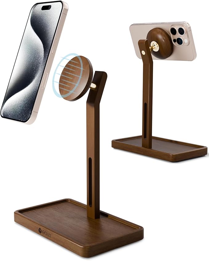 YEOUX Premium Magnetic Phone Holder for Desk | Solid Walnut Wood | 360° Free Adjustable | MagSafe Compatible for iPhone 17 16 15 14 Stylish Desk Accessory