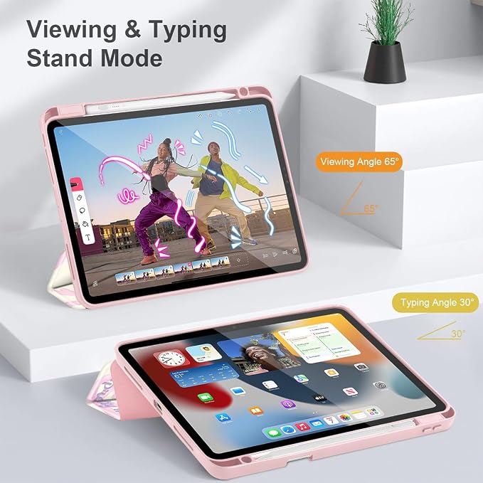 Case for iPad 12.9 Inch (6th/5th/4th/3rd Generation 2022/2021/2020/2018) Pencel Holder + Trifold Support Auto Sleep/Wake Transparent Shockproof Back Cover Abstract Floral SD163