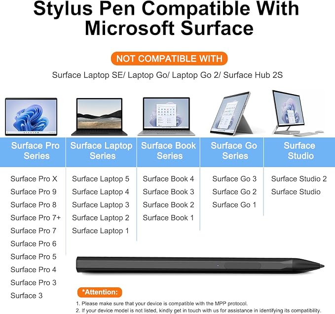 Stylus Pen for Microsoft Surface Pro 11/10/9/X/8/7/6/5/4/3Surface Go/Go2/Go3Book3/2/1Surface Laptop7/6/5/4/3/2/1Studio 2 (Black)