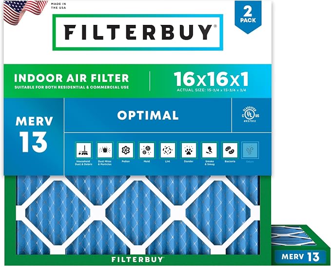 Filterbuy 16x16x1 Air Filter MERV 13 Optimal Smoke & Allergy Defense,