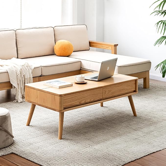 100% Solid Wood Lift Top Coffee Table for Living Room, Mid Century Modern Tables with Drawers and Large Storage, Oak Coffee Tables for Small Spaces (Oak Wood Log, 39.37" W x 21.65" D x 25.59" H)