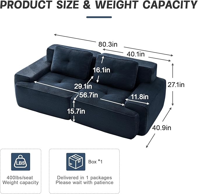 80" Modern Corduroy Boneless Love Seat Couches, 2 Seater Large Sectional Couches for Living Room, Blue Cloud Modular Sectional Sofa, Memory Foam, Extra Deep Loveseat, No Assembly