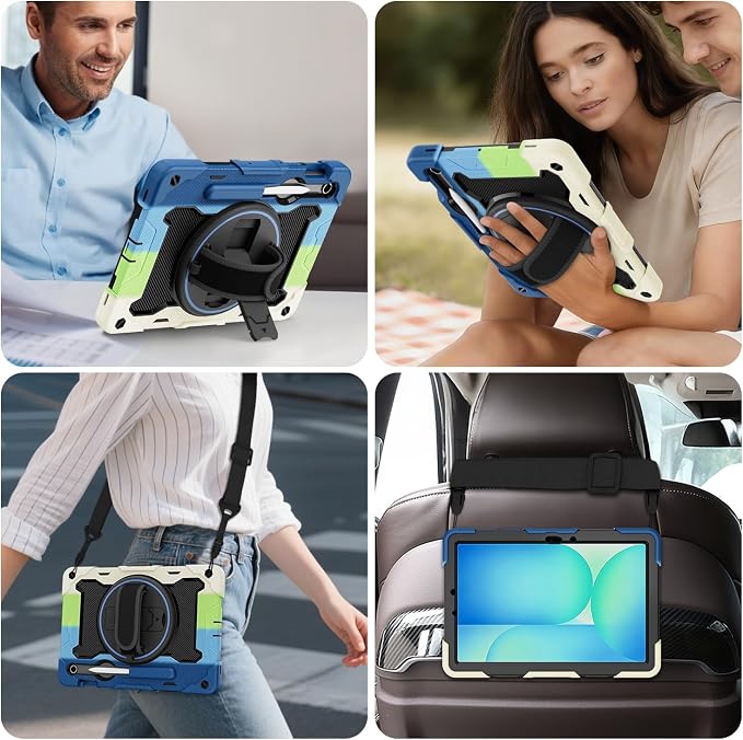 Galaxy Tab S10 Lite/S10 FE/S9 FE 5G/S9 Case 10.9/11 inch | with Screen Protector 360° Rotating Kickstand Hand/Shoulder Strap Heavy Duty Shockproof Cover S Pen Holder Kids Friendly