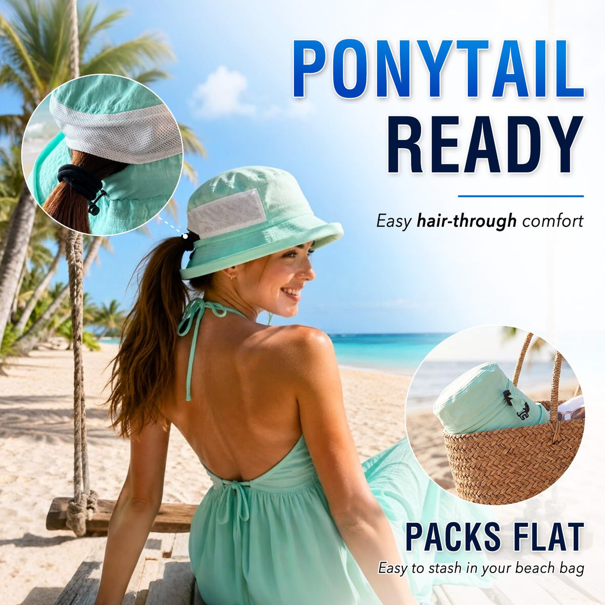 TOP-EX UVCoolix UPF 50+ Wide Brim Ponytail Sun Hat - Black, L/XL