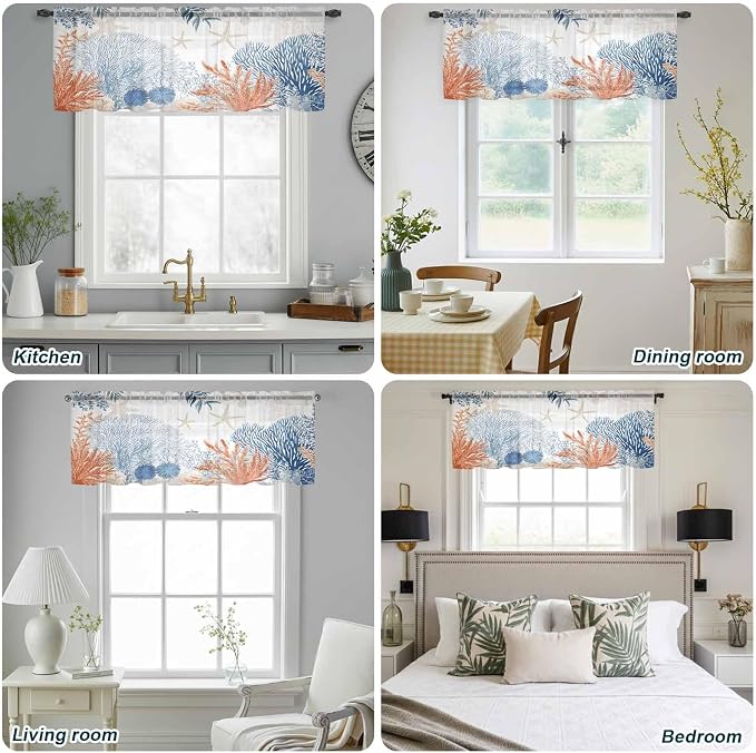 Ocean Corals Sheer Valance Curtains, Summer Beach Coral Sea Stars Light