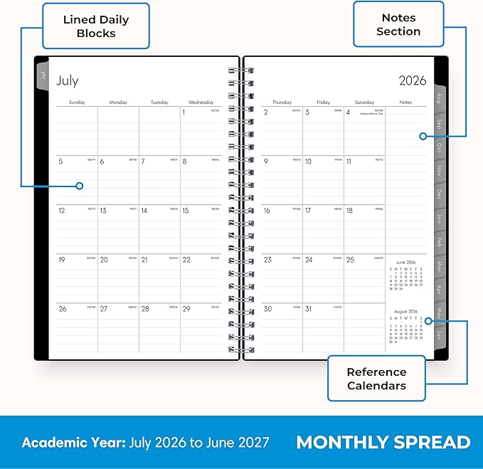 Blue Sky 2026-2027 Weekly and Monthly Academic Year Planner Calendar, July 2026 - June 2027, 5" x 8", Flexible Cover, Wirebound, Laminated Tabs, Enterprise