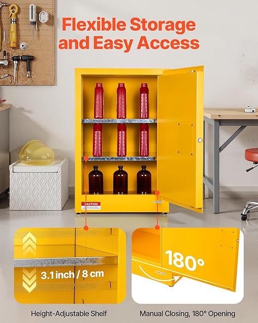 VEVOR Flammable Cabinet 18" x 24" x 65", 13 Gallon Flammable Storage Cabinet with Adjustable Shelf, Cold-Rolled and Galvanized Steel Fire Cabinets, for Commercial Industrial Home Use, Yellow